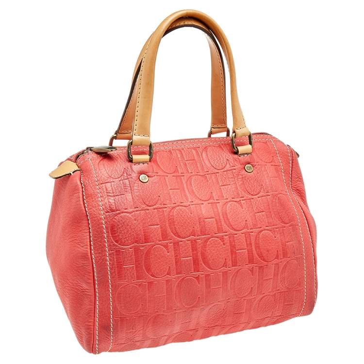 Pre Owned Carolina Herrera Red/Beige Leather Monogram Embossed Andy Boston Bag