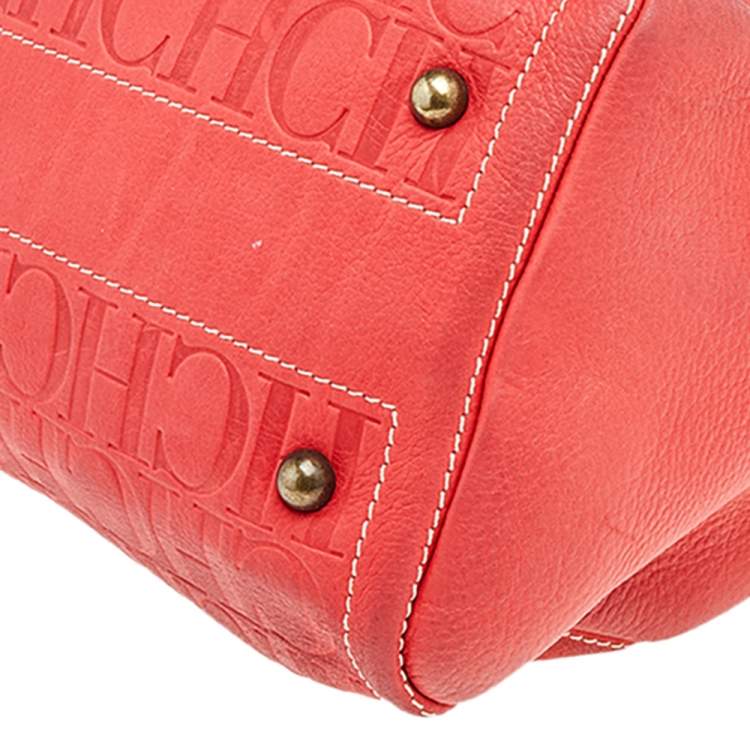 Pre Owned Carolina Herrera Red/Beige Leather Monogram Embossed Andy Boston Bag