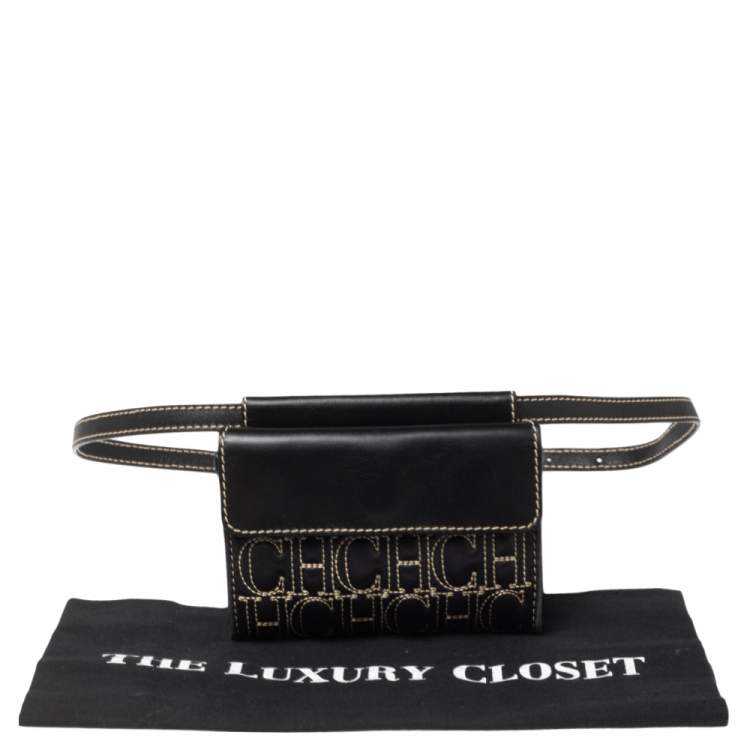 Pre Owned Carolina Herrera Black Monogram Leather Belt Bag