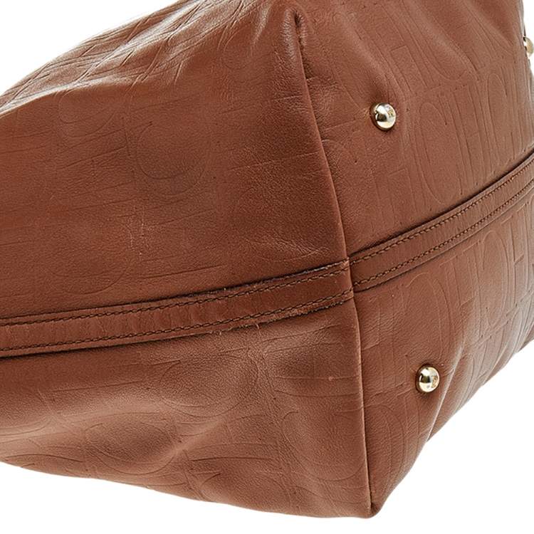 Pre Owned Carolina Herrera Brown Monogram Embossed Leather Tote