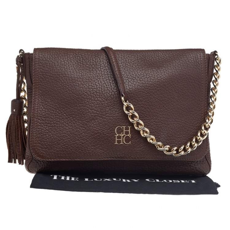 Pre Owned Carolina Herrera Brown Leather Tassel Flap Chain Shoulder Bag