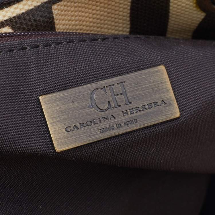 Pre Owned Carolina Herrera Beige/Brown Monogram Canvas And Leather Braided Handle Tote