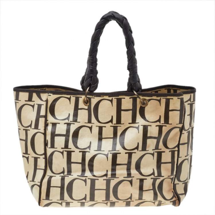 Pre Owned Carolina Herrera Beige/Brown Monogram Canvas And Leather Braided Handle Tote