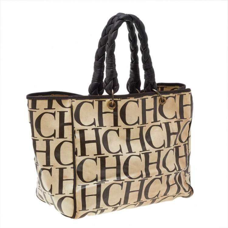 Pre Owned Carolina Herrera Beige/Brown Monogram Canvas And Leather Braided Handle Tote