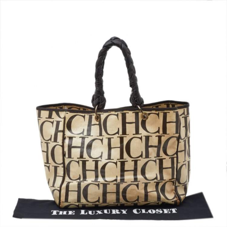 Pre Owned Carolina Herrera Beige/Brown Monogram Canvas And Leather Braided Handle Tote