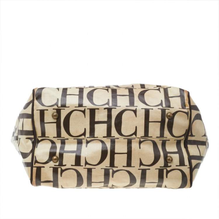 Pre Owned Carolina Herrera Beige/Brown Monogram Canvas And Leather Braided Handle Tote