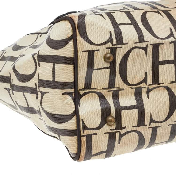 Pre Owned Carolina Herrera Beige/Brown Monogram Canvas And Leather Braided Handle Tote