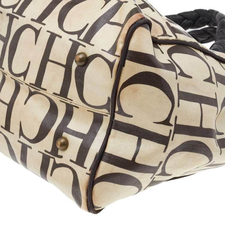 Pre Owned Carolina Herrera Beige/Brown Monogram Canvas And Leather Braided Handle Tote