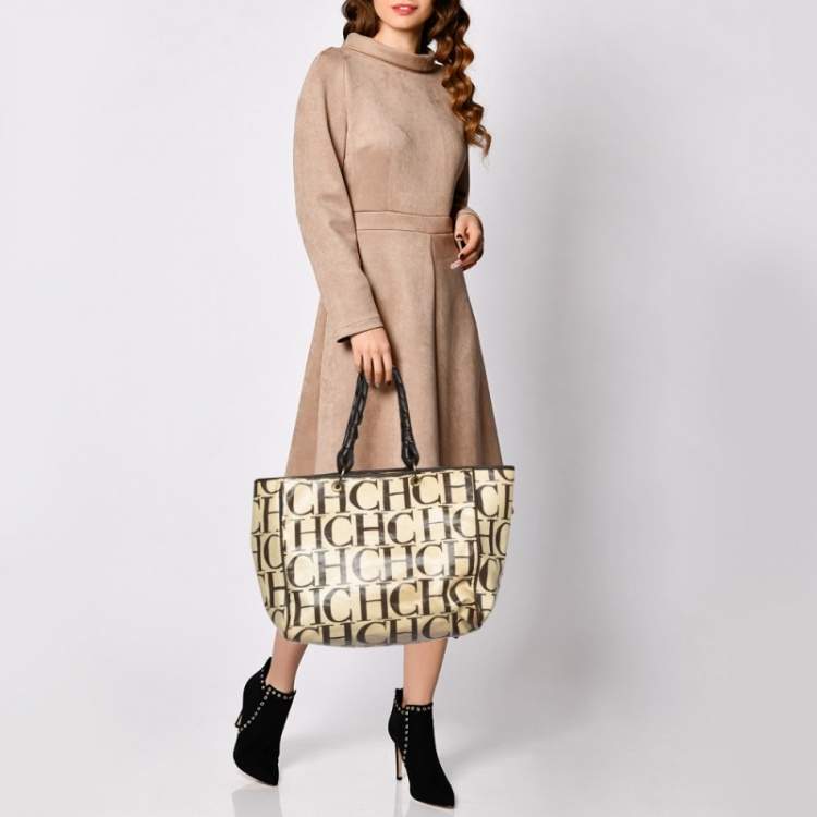 Pre Owned Carolina Herrera Beige/Brown Monogram Canvas And Leather Braided Handle Tote