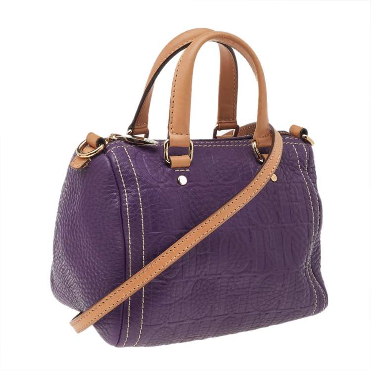 Pre Owned Carolina Herrera Purple Monogram Embossed Leather Mini Andy Boston Bag