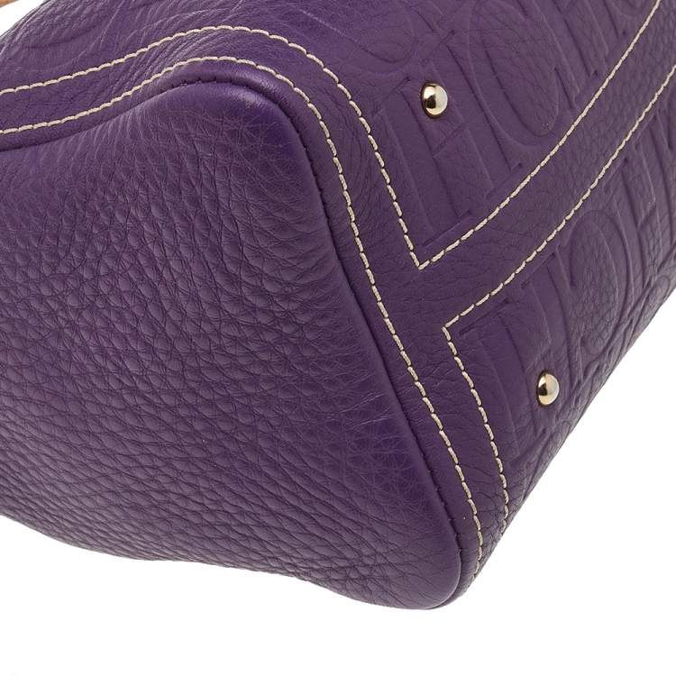 Pre Owned Carolina Herrera Purple Monogram Embossed Leather Mini Andy Boston Bag