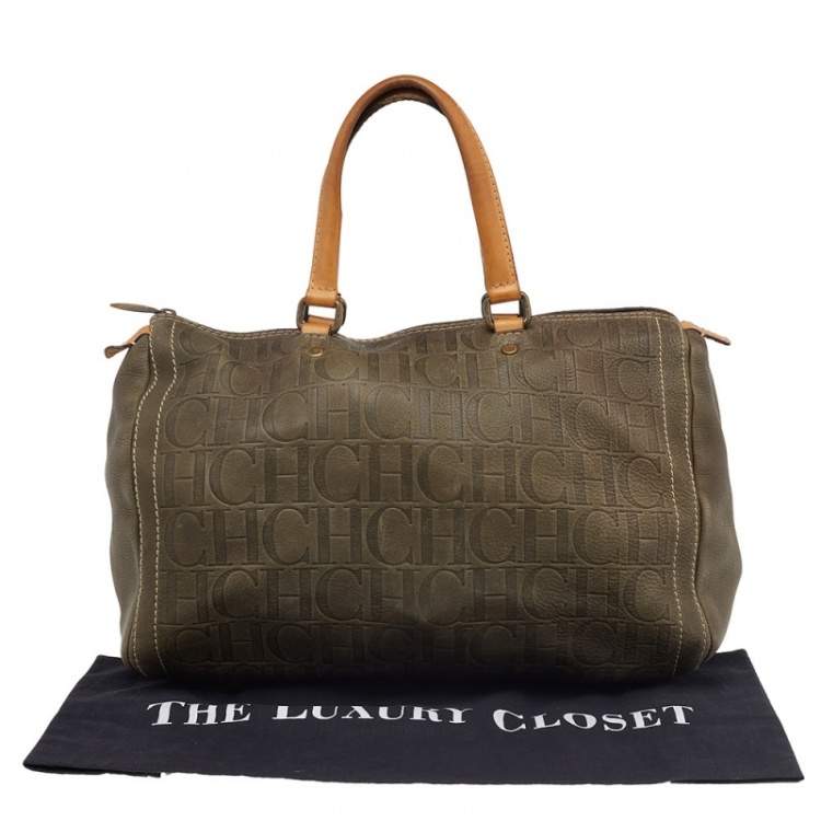 Pre Owned Carolina Herrera Brown Leather Monogram Embossed Boston Bag