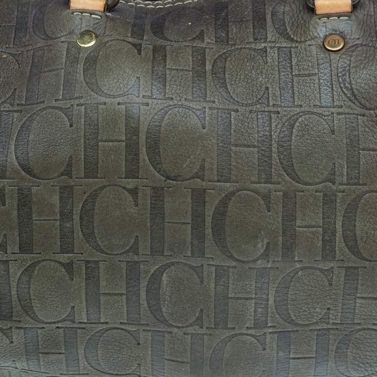 Pre Owned Carolina Herrera Brown Leather Monogram Embossed Boston Bag