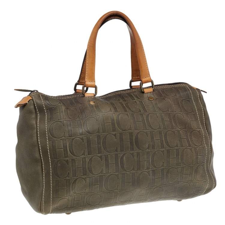 Pre Owned Carolina Herrera Brown Leather Monogram Embossed Boston Bag