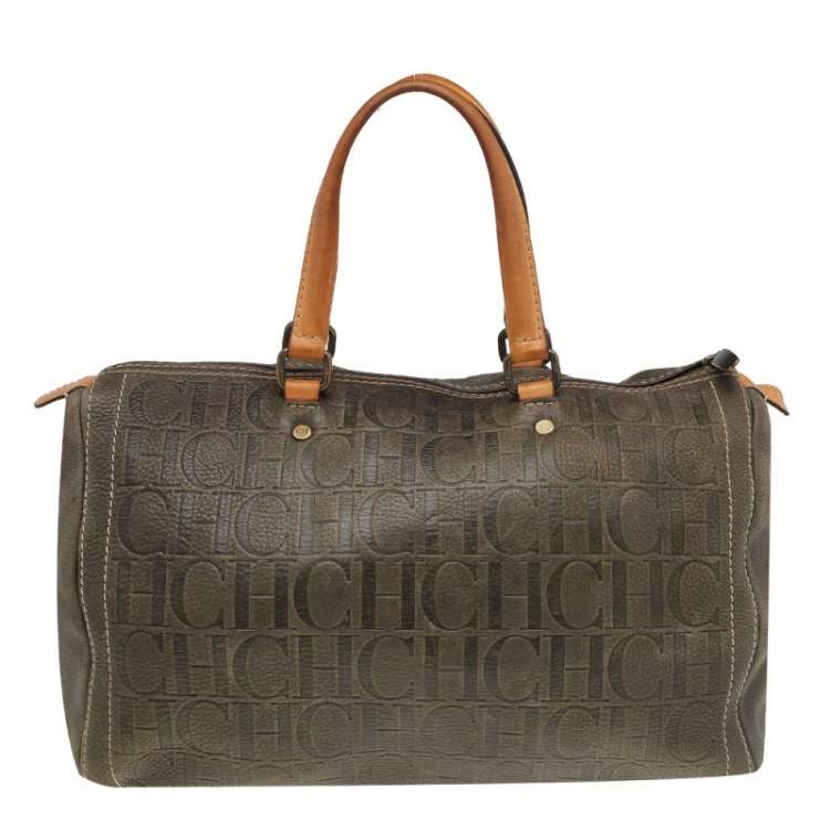 Pre Owned Carolina Herrera Brown Leather Monogram Embossed Boston Bag