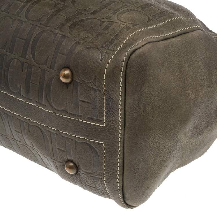 Pre Owned Carolina Herrera Brown Leather Monogram Embossed Boston Bag