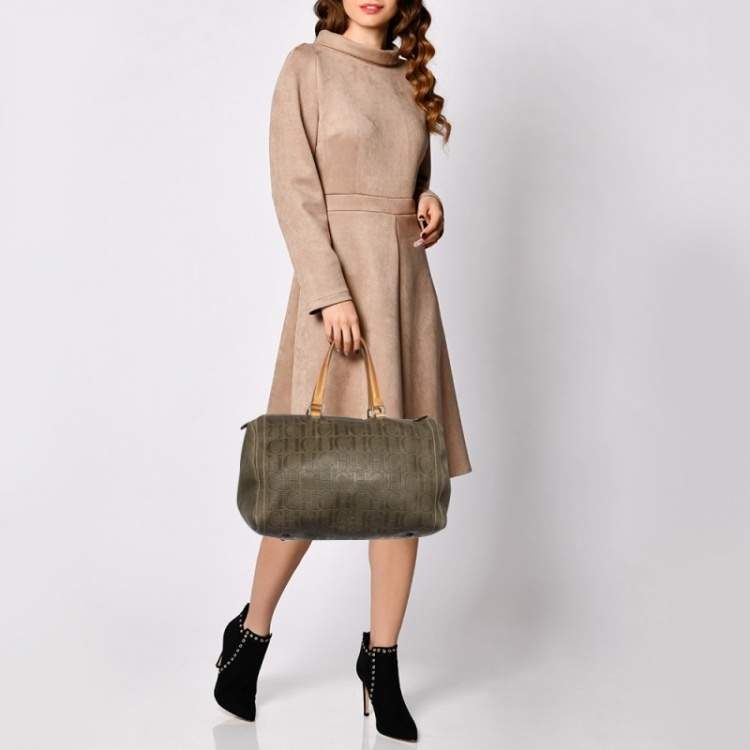 Pre Owned Carolina Herrera Brown Leather Monogram Embossed Boston Bag