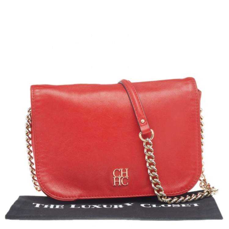 Pre Owned Carolina Herrera Red Leather Flap Chain Shoulder Bag
