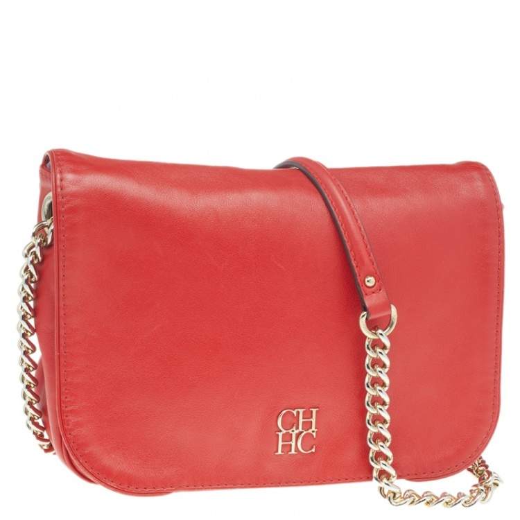 Pre Owned Carolina Herrera Red Leather Flap Chain Shoulder Bag
