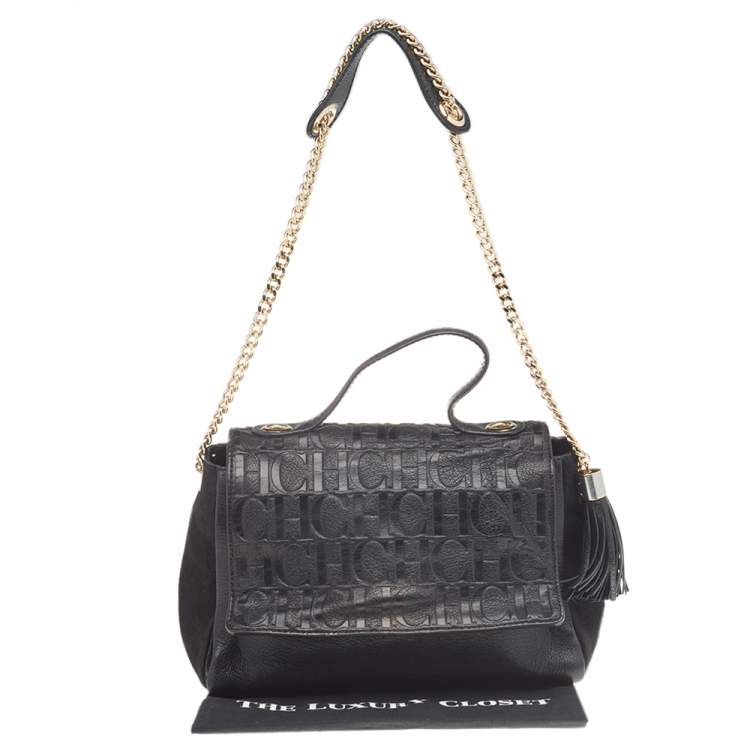 Pre Owned Carolina Herrera Black Leather Monogram Embossed Minuetto Top Handle Bag