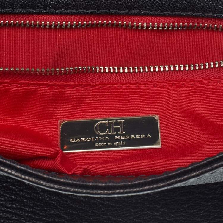 Pre Owned Carolina Herrera Black Leather Monogram Embossed Minuetto Top Handle Bag