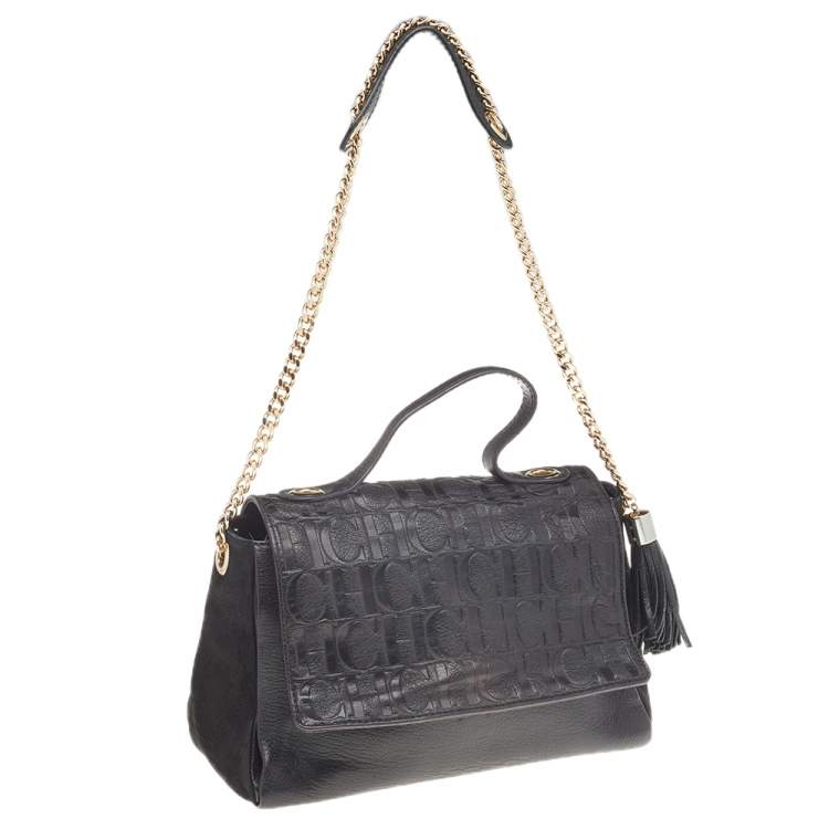 Pre Owned Carolina Herrera Black Leather Monogram Embossed Minuetto Top Handle Bag