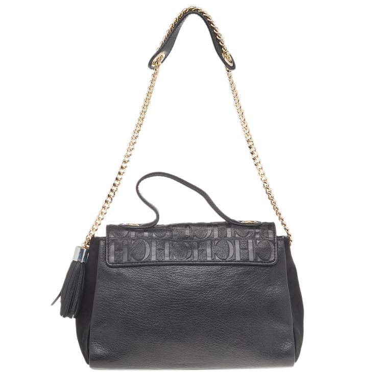 Pre Owned Carolina Herrera Black Leather Monogram Embossed Minuetto Top Handle Bag