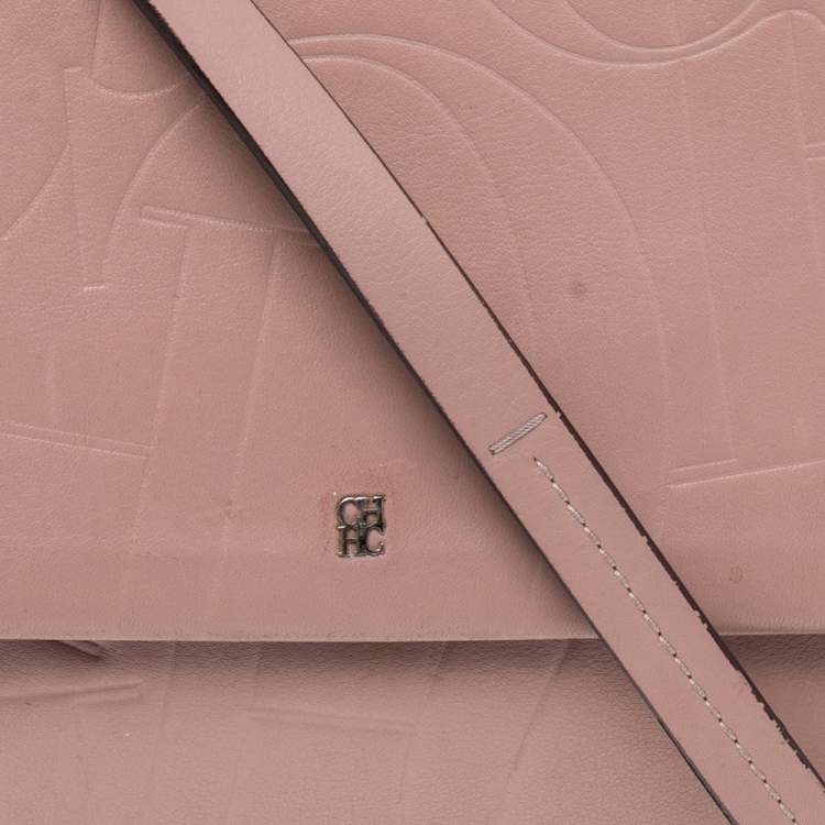 Pre Owned Carolina Herrera Pink Monogram Embossed Leather Top Handle Bag