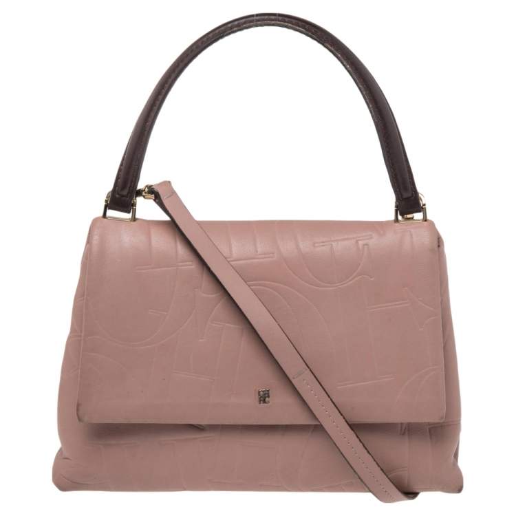 Pre Owned Carolina Herrera Pink Monogram Embossed Leather Top Handle Bag