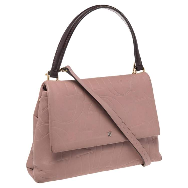 Pre Owned Carolina Herrera Pink Monogram Embossed Leather Top Handle Bag