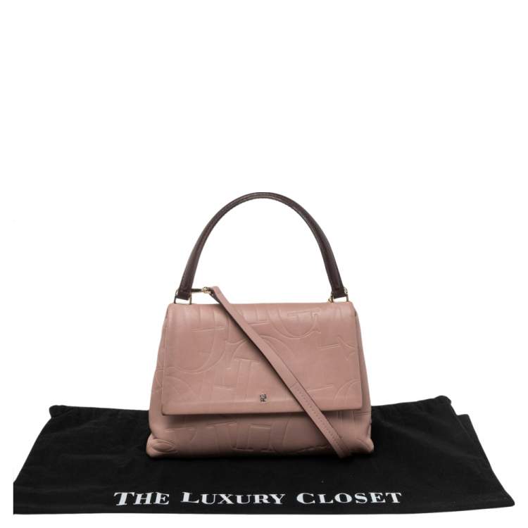 Pre Owned Carolina Herrera Pink Monogram Embossed Leather Top Handle Bag