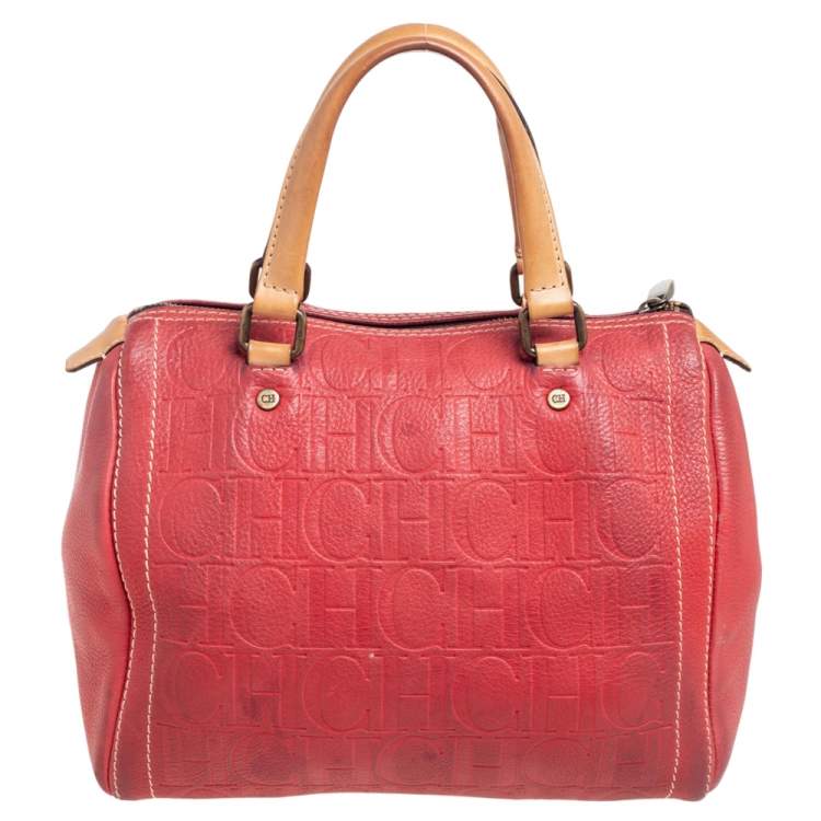 مملوكة مسبقًا Carolina Herrera Red Monogram Embossed Leather Andy Boston Bag