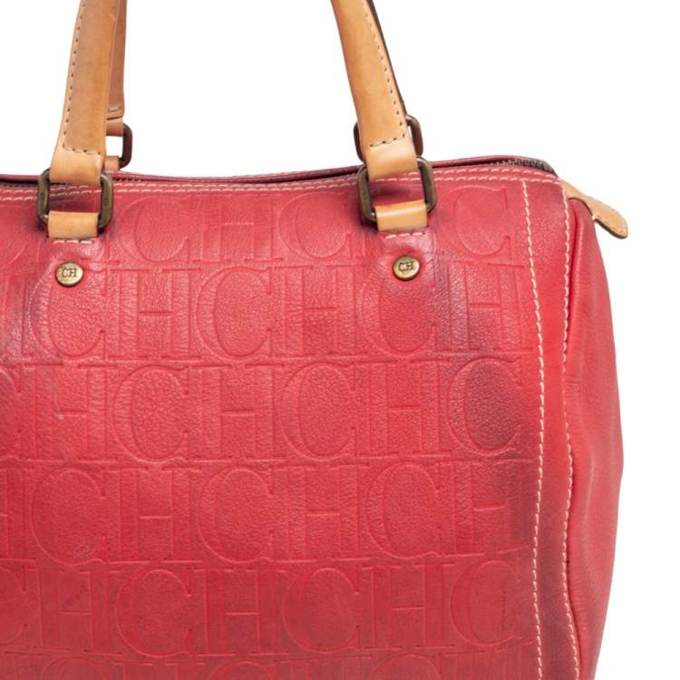 مملوكة مسبقًا Carolina Herrera Red Monogram Embossed Leather Andy Boston Bag