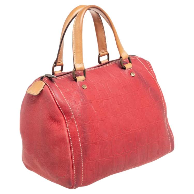 مملوكة مسبقًا Carolina Herrera Red Monogram Embossed Leather Andy Boston Bag