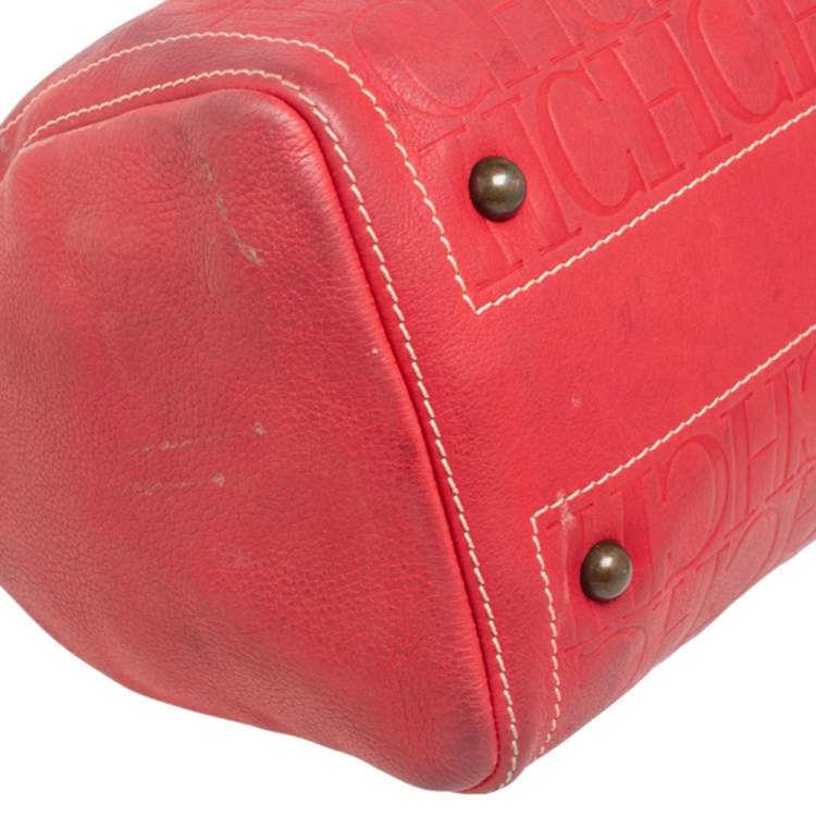 مملوكة مسبقًا Carolina Herrera Red Monogram Embossed Leather Andy Boston Bag
