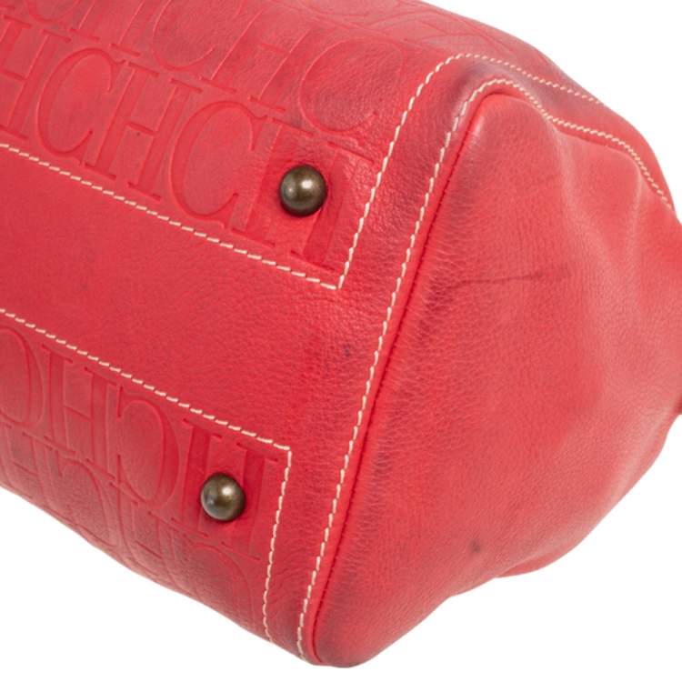 مملوكة مسبقًا Carolina Herrera Red Monogram Embossed Leather Andy Boston Bag
