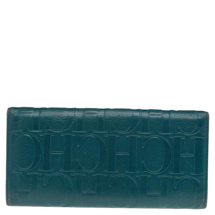 Pre Owned Carolina Herrera Green Monogram Embossed Leather Flap Continental Wallet