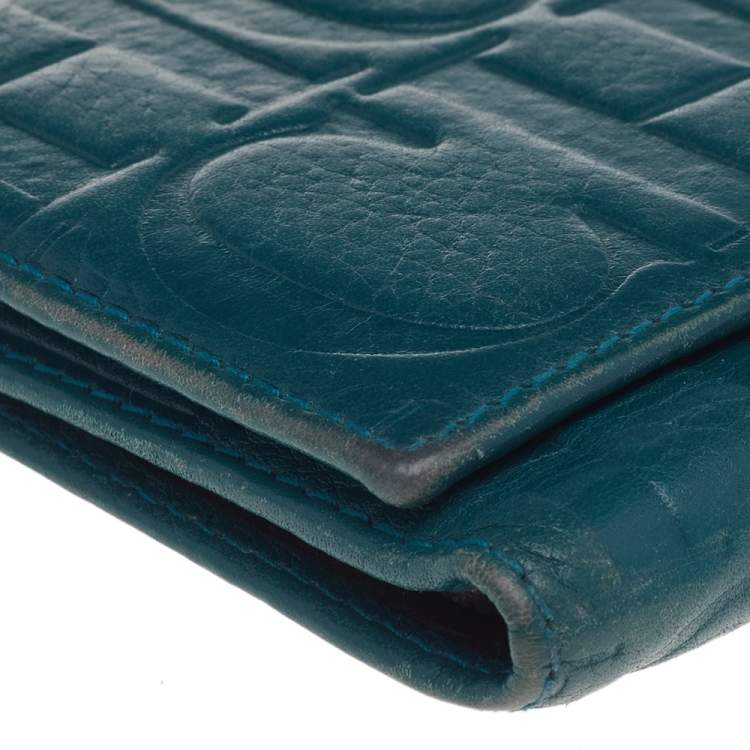 Pre Owned Carolina Herrera Green Monogram Embossed Leather Flap Continental Wallet