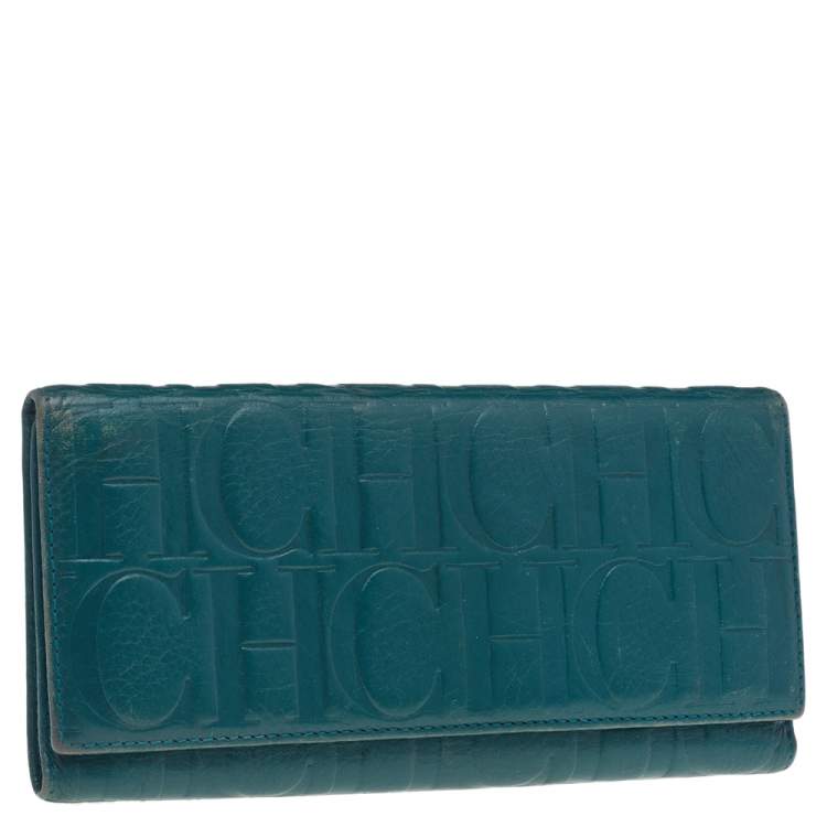 Pre Owned Carolina Herrera Green Monogram Embossed Leather Flap Continental Wallet
