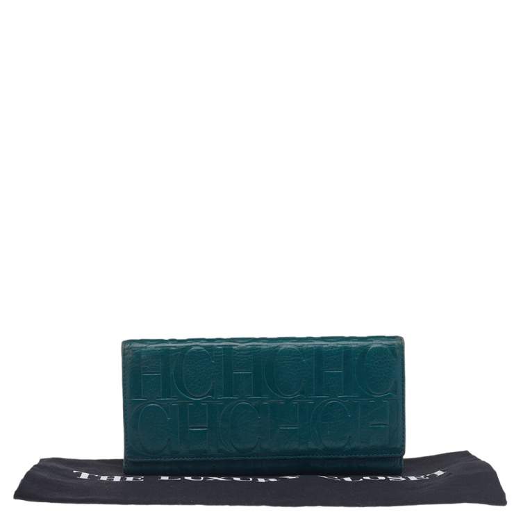 Pre Owned Carolina Herrera Green Monogram Embossed Leather Flap Continental Wallet