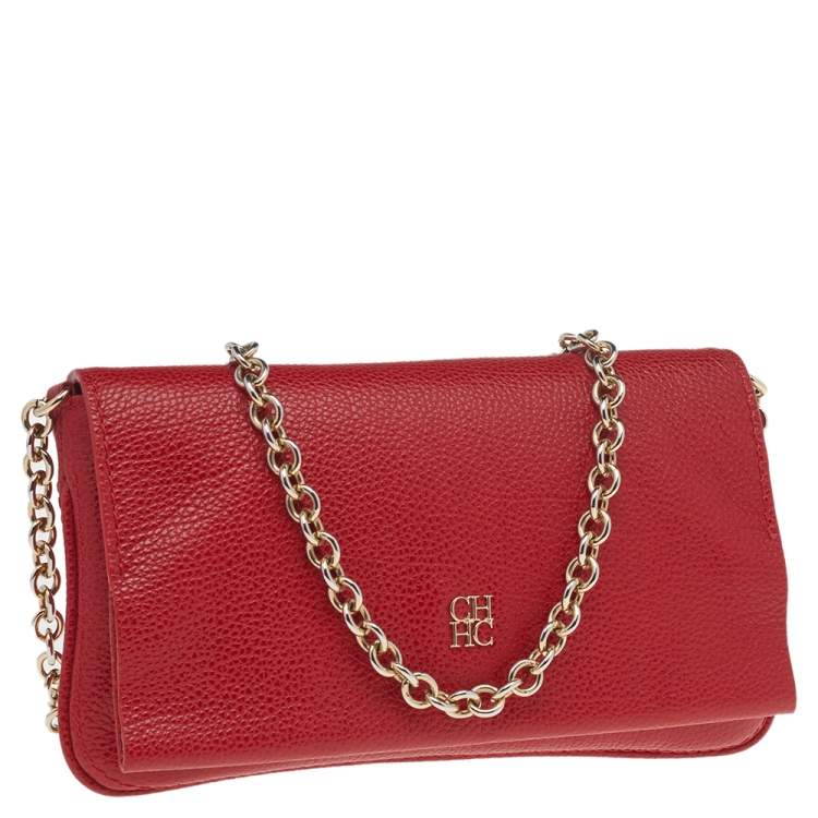Pre Owned Carolina Herrera Red Leather Flap Chain Shoulder Bag