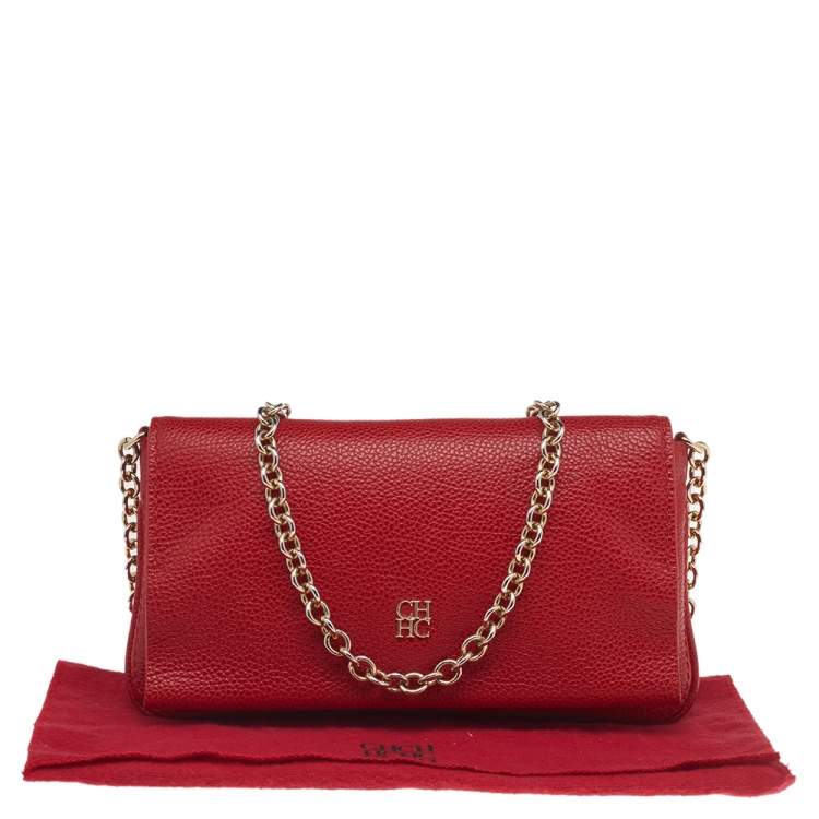 Pre Owned Carolina Herrera Red Leather Flap Chain Shoulder Bag