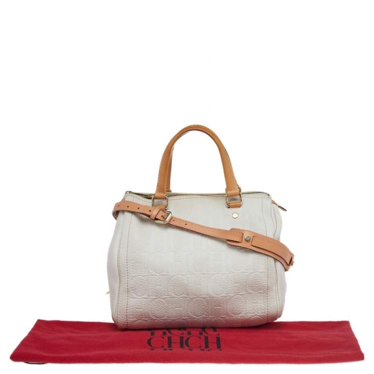 Pre Owned Carolina Herrera White/Brown Leather Monogram Embossed Andy Satchel