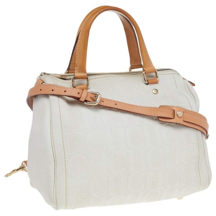 Pre Owned Carolina Herrera White/Brown Leather Monogram Embossed Andy Satchel