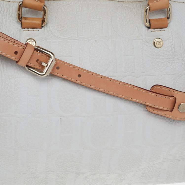 Pre Owned Carolina Herrera White/Brown Leather Monogram Embossed Andy Satchel