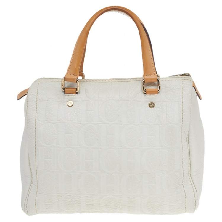 Pre Owned Carolina Herrera White/Brown Leather Monogram Embossed Andy Satchel