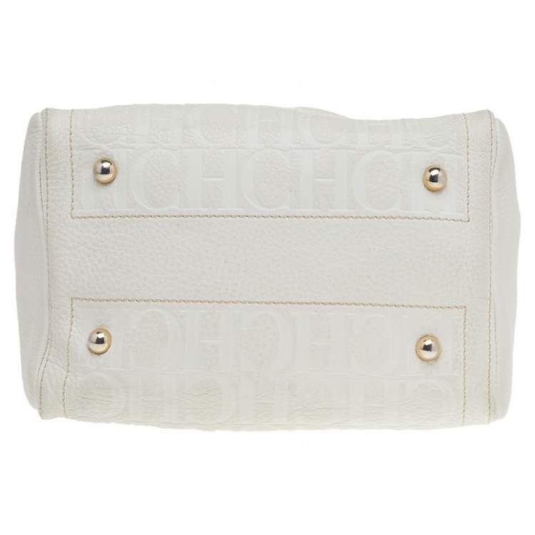 Pre Owned Carolina Herrera White/Brown Leather Monogram Embossed Andy Satchel