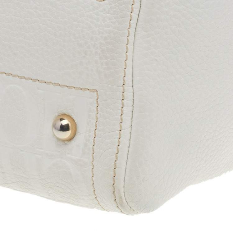 Pre Owned Carolina Herrera White/Brown Leather Monogram Embossed Andy Satchel
