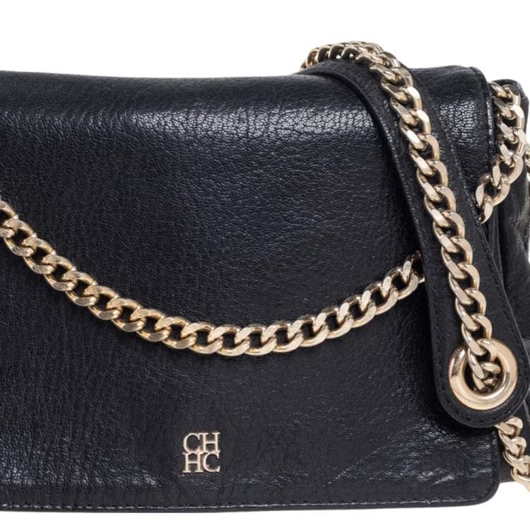 مملوكة مسبقًا Carolina Herrera Black Leather Chain Flap Shoulder Bag