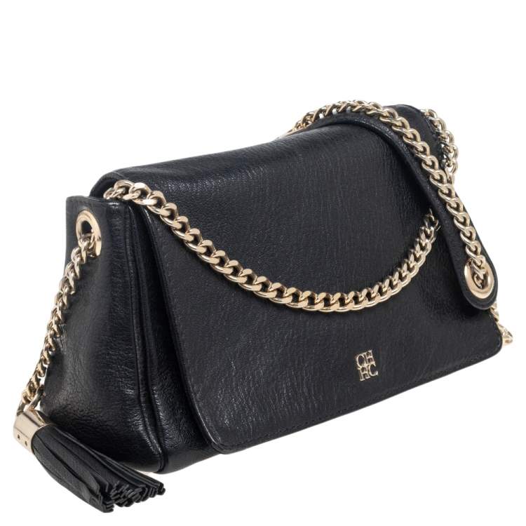 مملوكة مسبقًا Carolina Herrera Black Leather Chain Flap Shoulder Bag